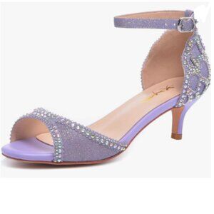 XYD Lavender Glitter Open Toe Rhinestones Ankle Strap Sandals Low Heel Shoes